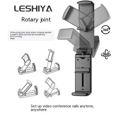 Black foldable phone holder with rotating mechanism shown holding a mobile phone at an angle