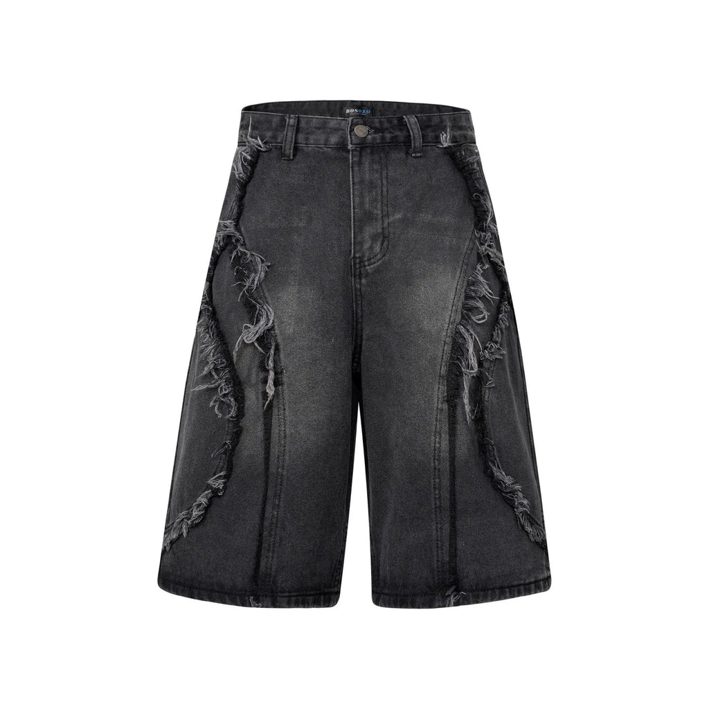 Men's distressed light blue denim shorts with raw-edge hem and straight-leg cut on a neutral background.