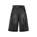 Men's distressed light blue denim shorts with raw-edge hem and straight-leg cut on a neutral background.