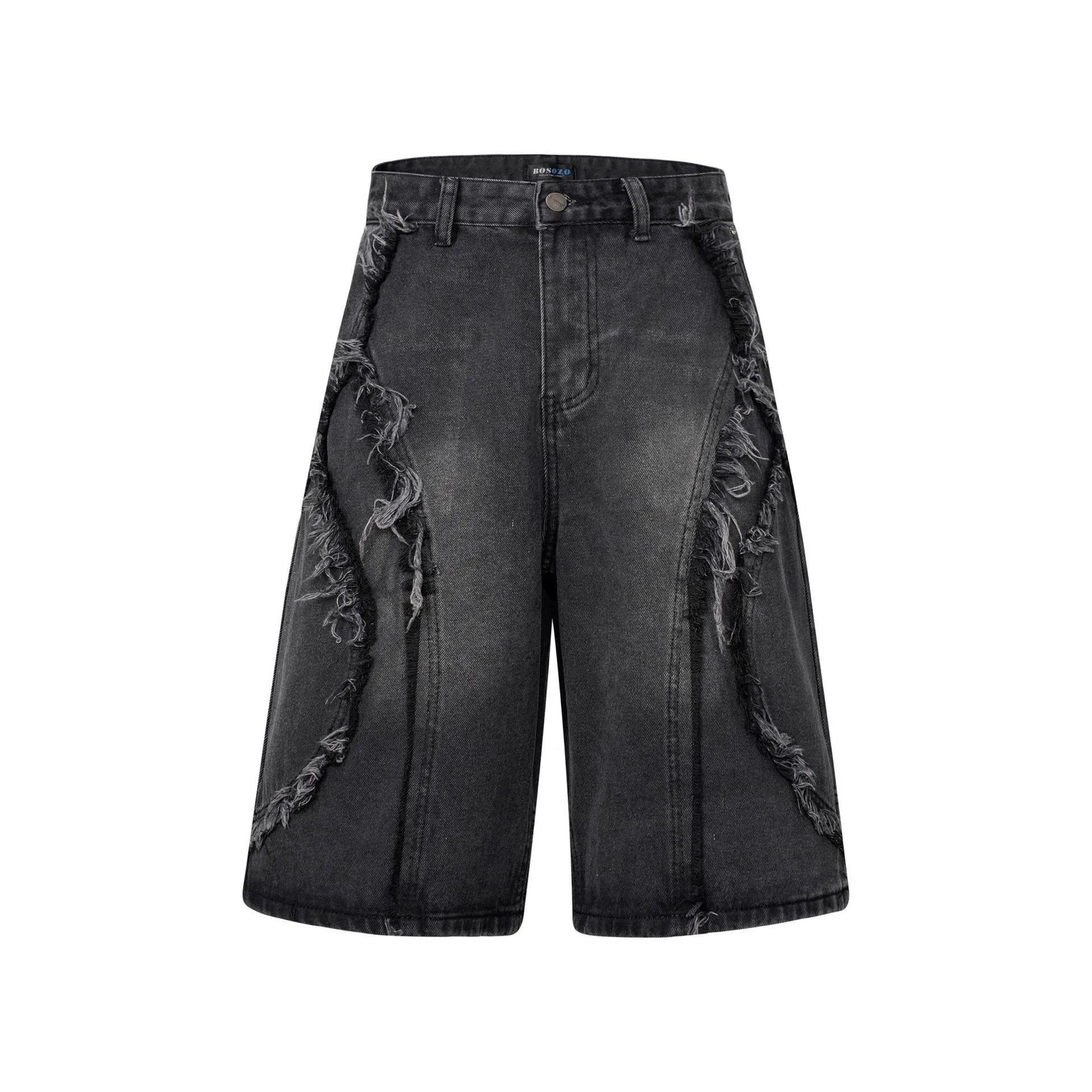 Men's distressed light blue denim shorts with raw-edge hem and straight-leg cut on a neutral background.