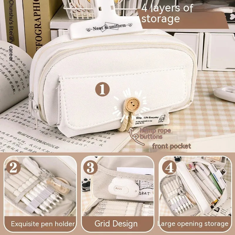 Korean-style canvas pencil case with button closure storing approximately 80 pens