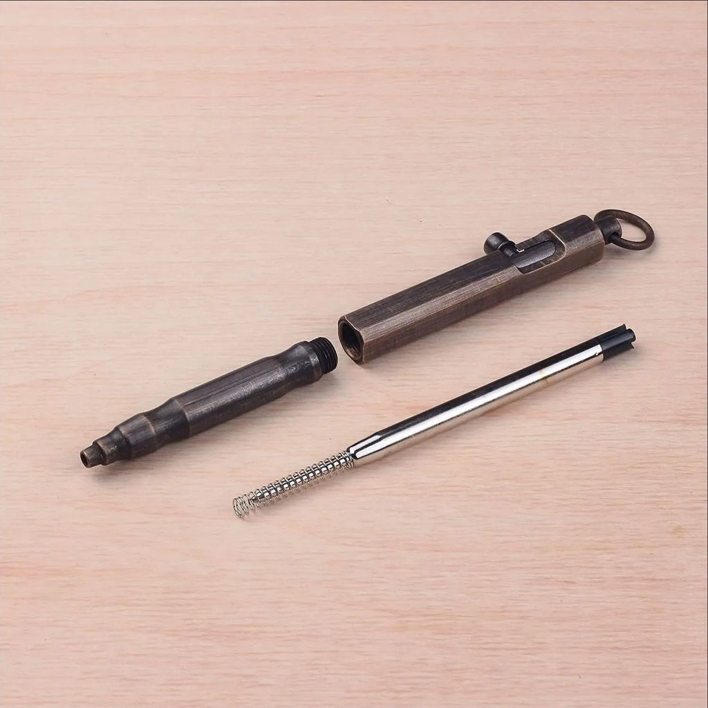 Vintage brass tactical pen with hexagonal bolt shaping, 13cm length, brass natural colour finish