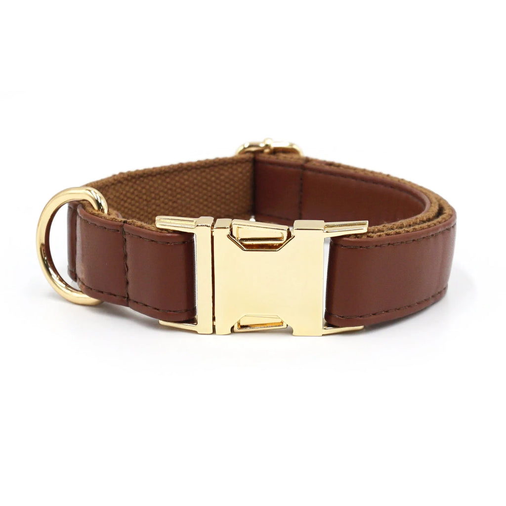 Leather dog collar with colour blocking design in caramel colour, size M