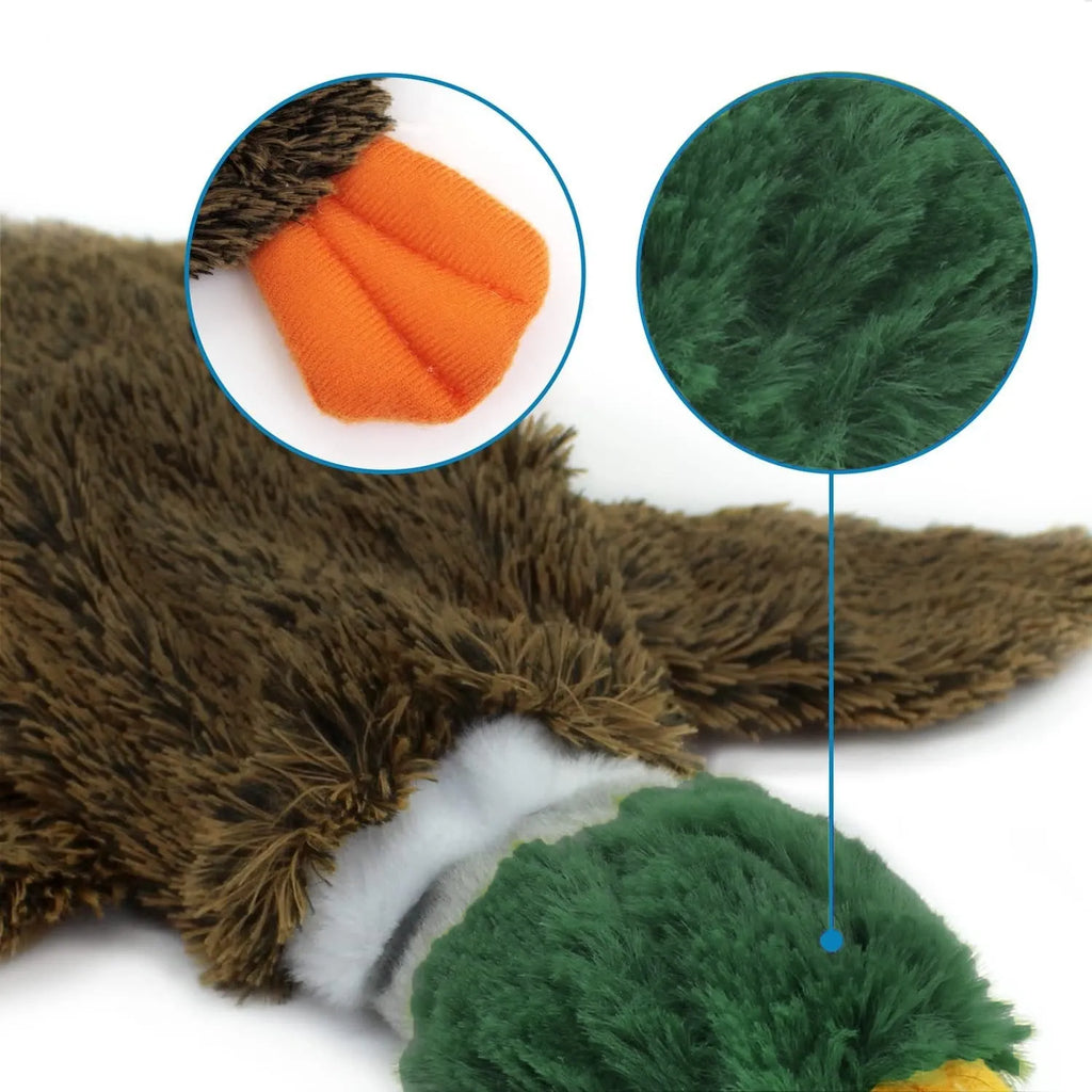Green Wild Duck design stuffless dog toy with squeakers in head and tail