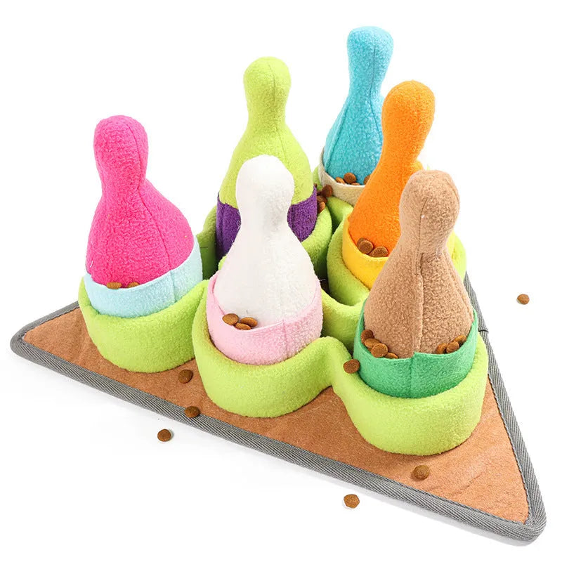 Pet puzzle play bowling toy set in polar fleece with sounding feature, 34.5x34.5cm