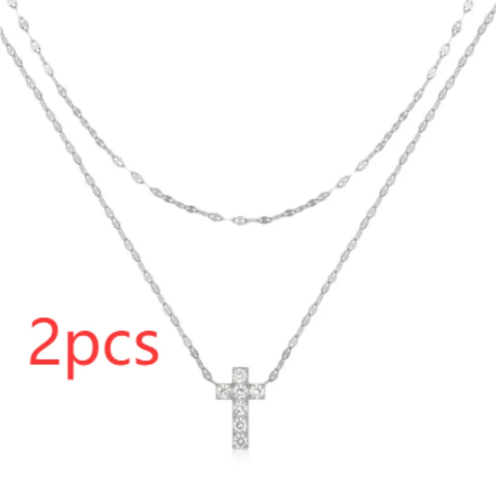 S925 sterling silver necklace with double layer twin diamond cross pendant on delicate clavicle chain