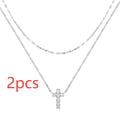 S925 sterling silver necklace with double layer twin diamond cross pendant on delicate clavicle chain