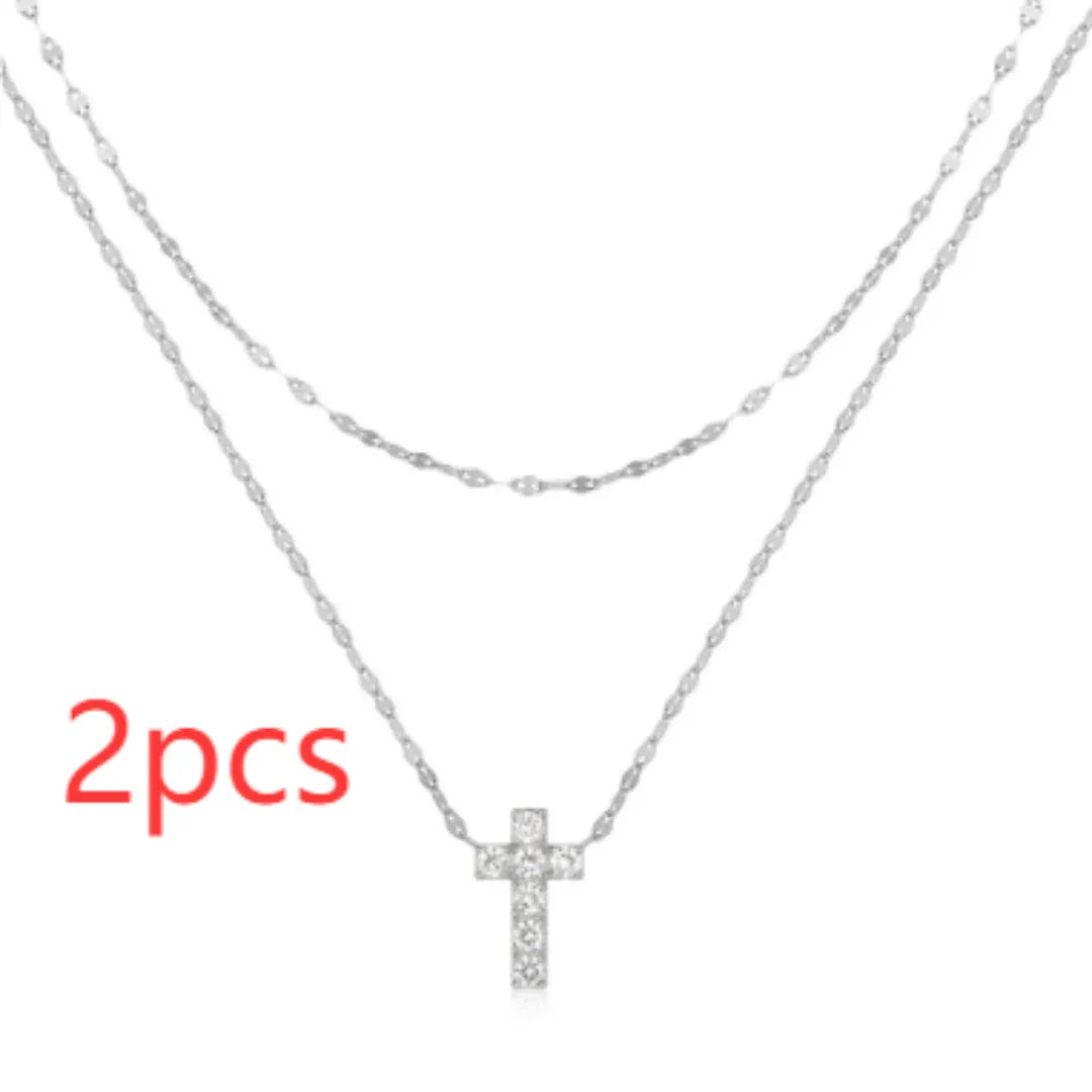 S925 sterling silver necklace with double layer twin diamond cross pendant on delicate clavicle chain
