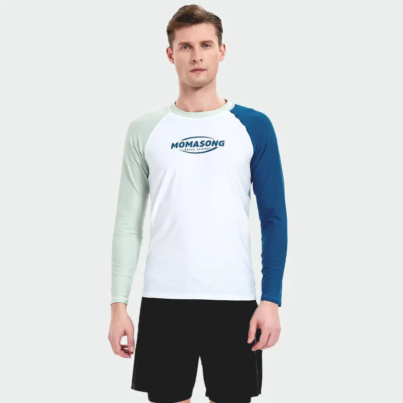 Men's long-sleeved swimsuit set with matching swimming trunks for beach sports