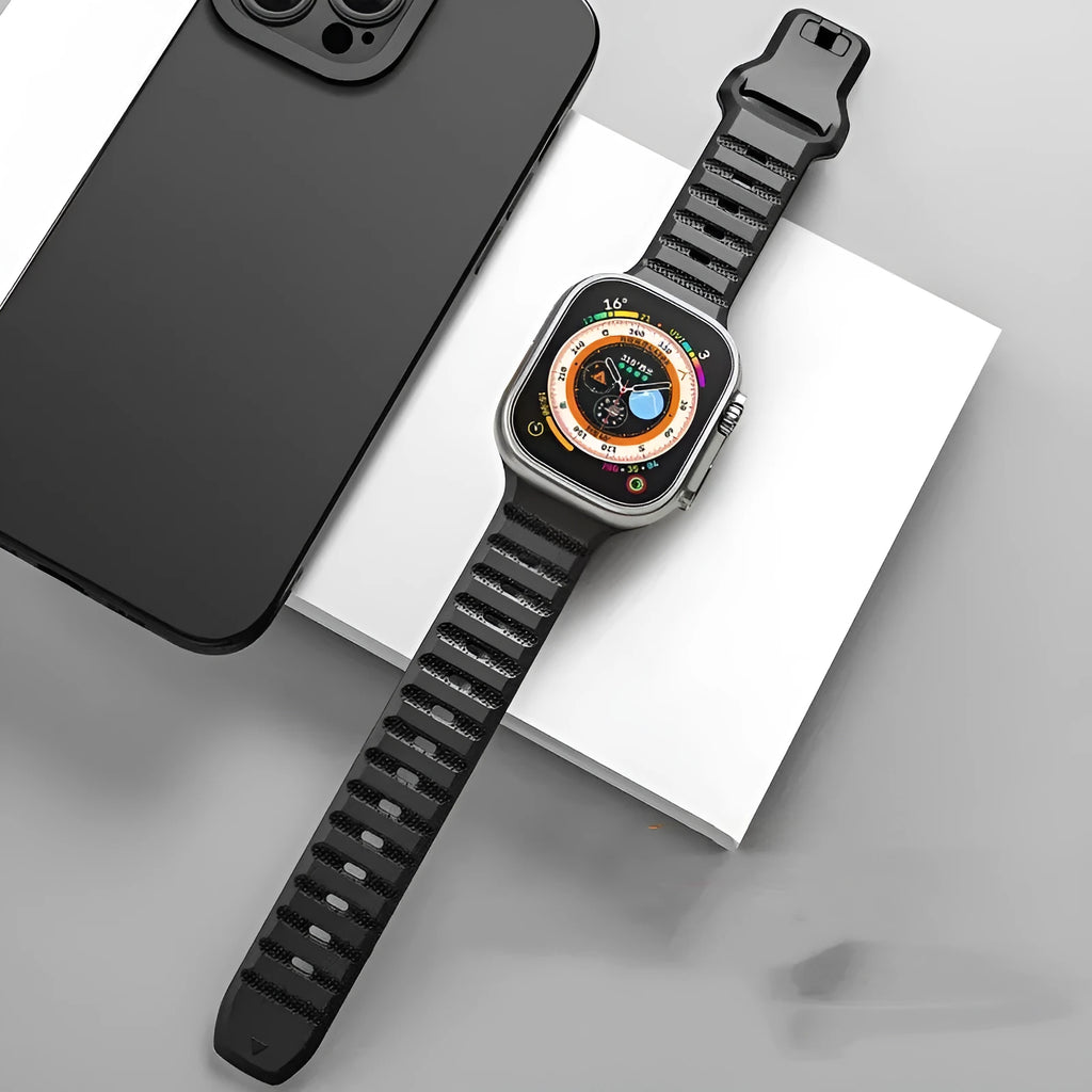 Fluoro rubber Apple Watch replacement strap in multiple colours with T buckle, compatible with Ultra and Series 8 to 1 models.