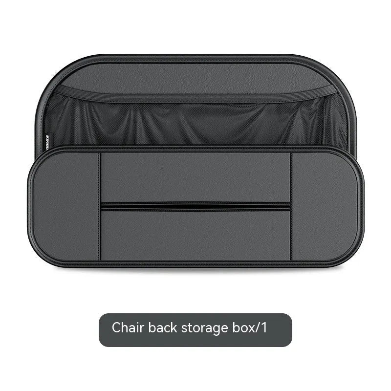 Black genuine leather car seat back storage bag with multiple compartments