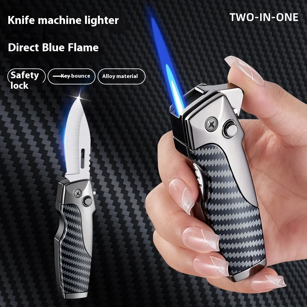 Zinc alloy folding lighter with jet flame and knife functions in closed position