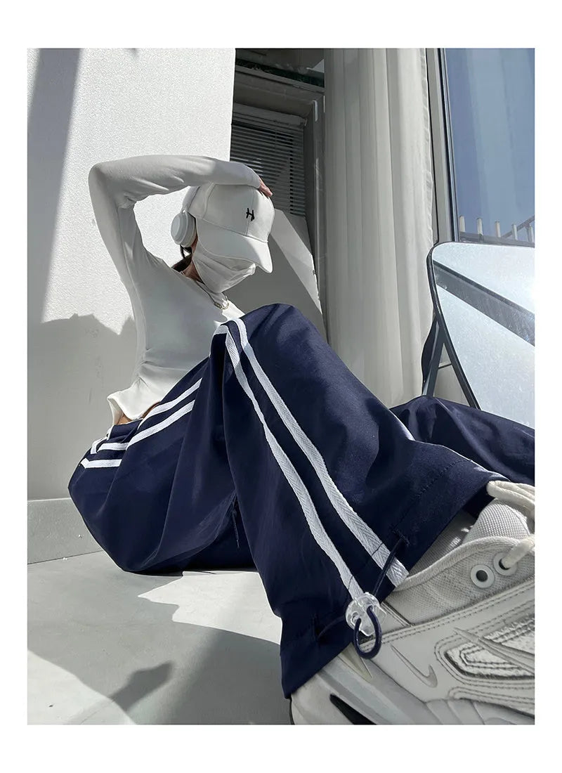 Women's loose straight draping pants with ribbon contrast colour design in European style