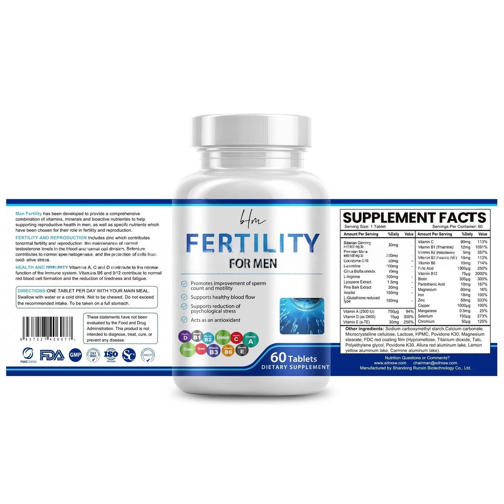 Bottle of male fertility tablets with 60 tablets, complex of vitamins minerals and amino acids, sealed for cool dry storage