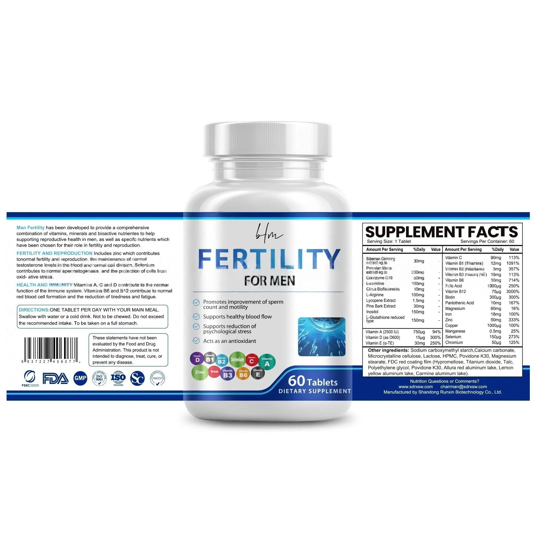 Bottle of male fertility tablets with 60 tablets, complex of vitamins minerals and amino acids, sealed for cool dry storage