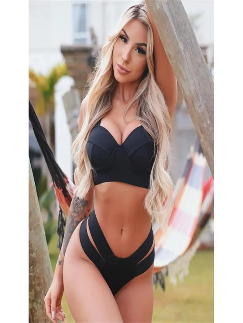 Women's rose red and black contrast colour bikini with structured push-up top