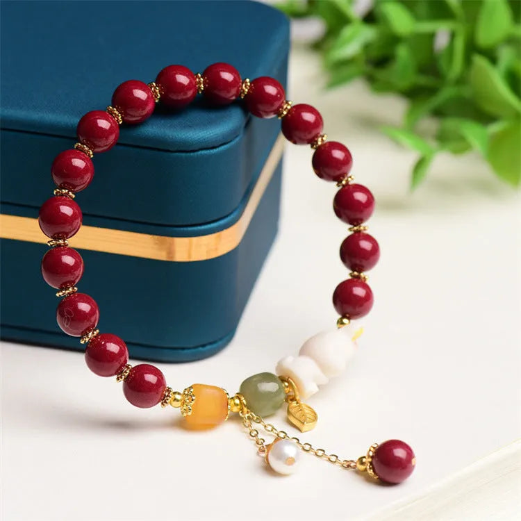 Natural cinnabar rabbit bracelet for women, 8mm or 10mm beads, Tian Yu brand, national style