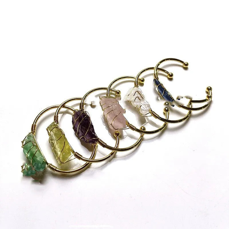 Natural crystal rough stone bracelet with gold winding wire in geometric bohemian design