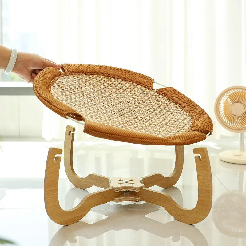 Brown woven rattan pet hammock bed measuring 46cm with off-ground design for cats and dogs
