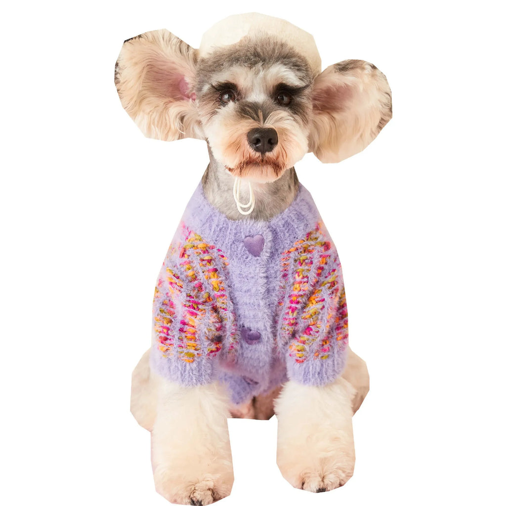Wool pet cardigan sweater in pink and purple for female dogs, sizes XS to 2XL