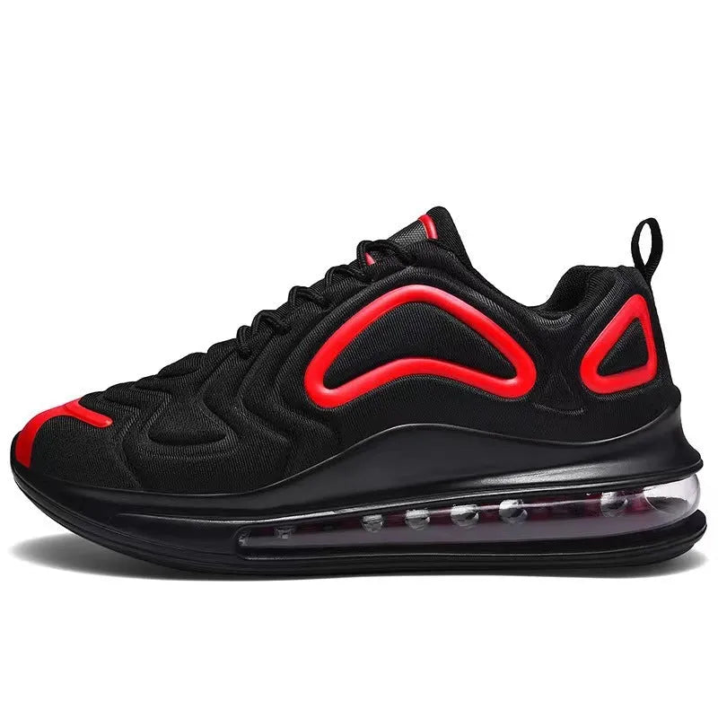 Men's black casual air cushion sneakers with thick sole and lace-up front.
