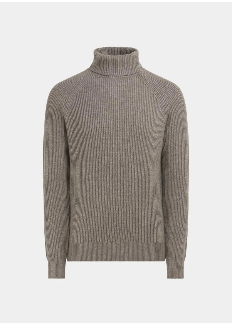 Cashmere men's high-neck knitted sweater in oat colour, long sleeves, 100% goat hair pullover