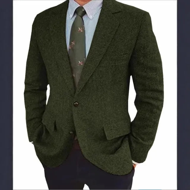 Men's retro herringbone suit jacket in solid colour with long sleeves and flax lining, shown in Brown