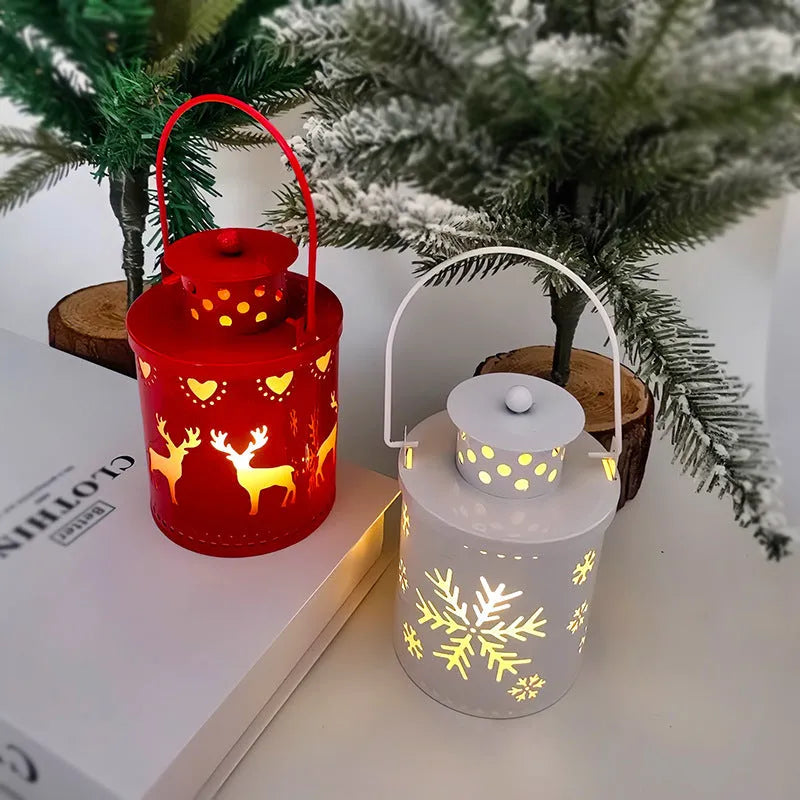 Wrought iron LED candle lantern with flickering light, available in green, white, and red, on a wooden shelf