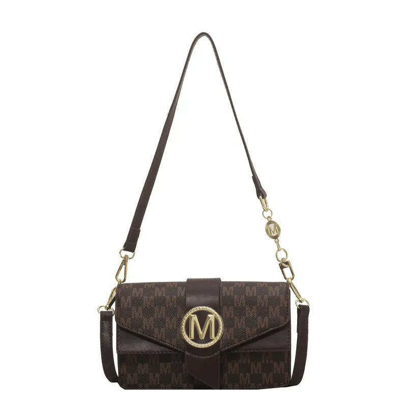 Niche personality printed letter shoulder messenger bag in beige with flap closure and single shoulder strap