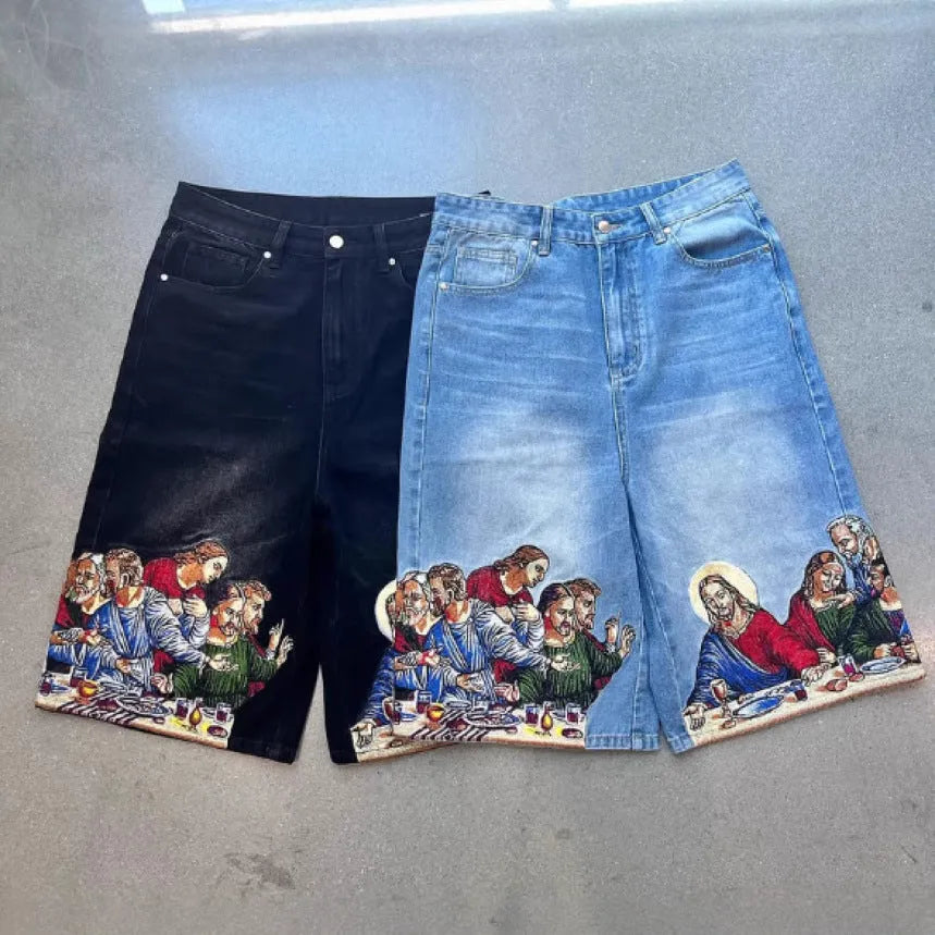Men's blue cotton shorts with Jesus print on back pocket and tapered design