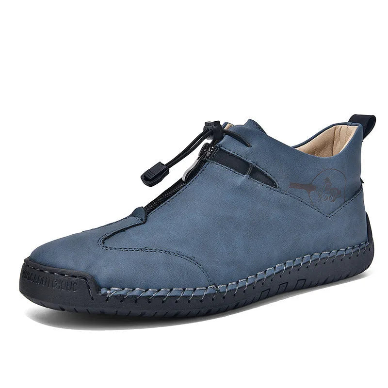 Men's leather casual shoes with mid-heel in black, blue, green, or khaki colours