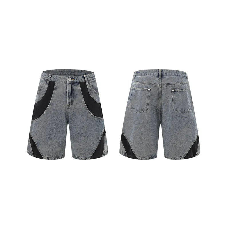 Retro washed denim suit set comprising a short-sleeve jacket and full-length trousers in blue.
