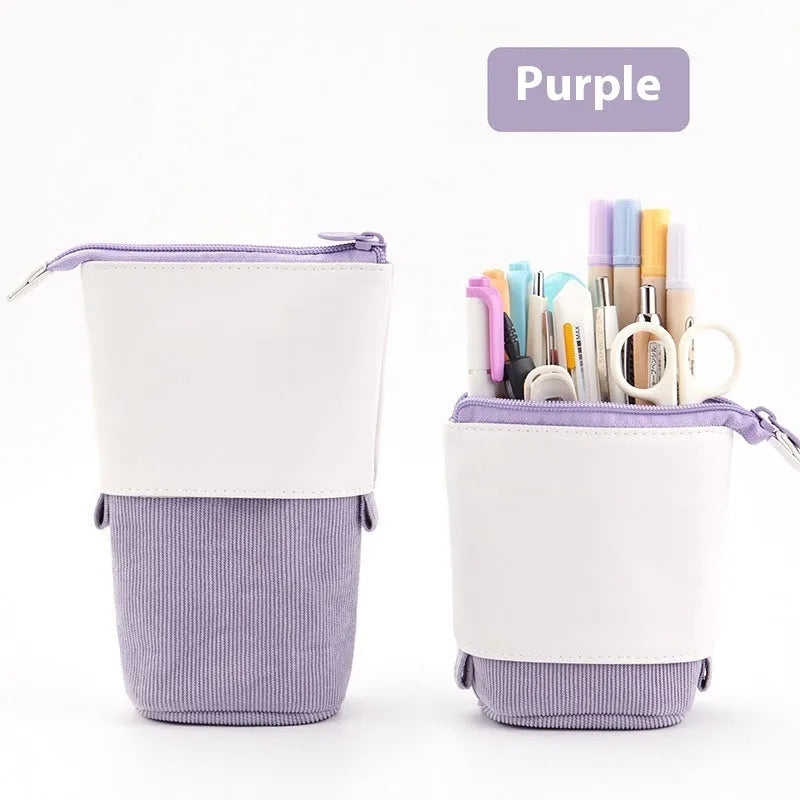 Corduroy telescopic stationery case with drop-down front panel in six colour options