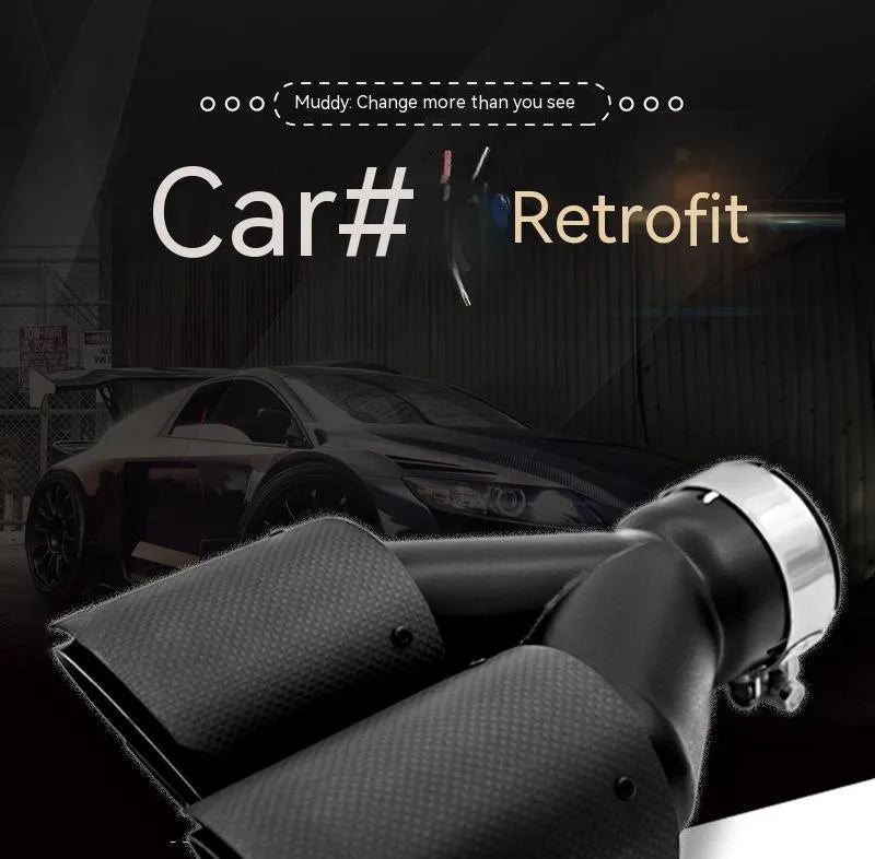 Black carbon fibre car exhaust pipe with twin tail nozzle and dual outlet.