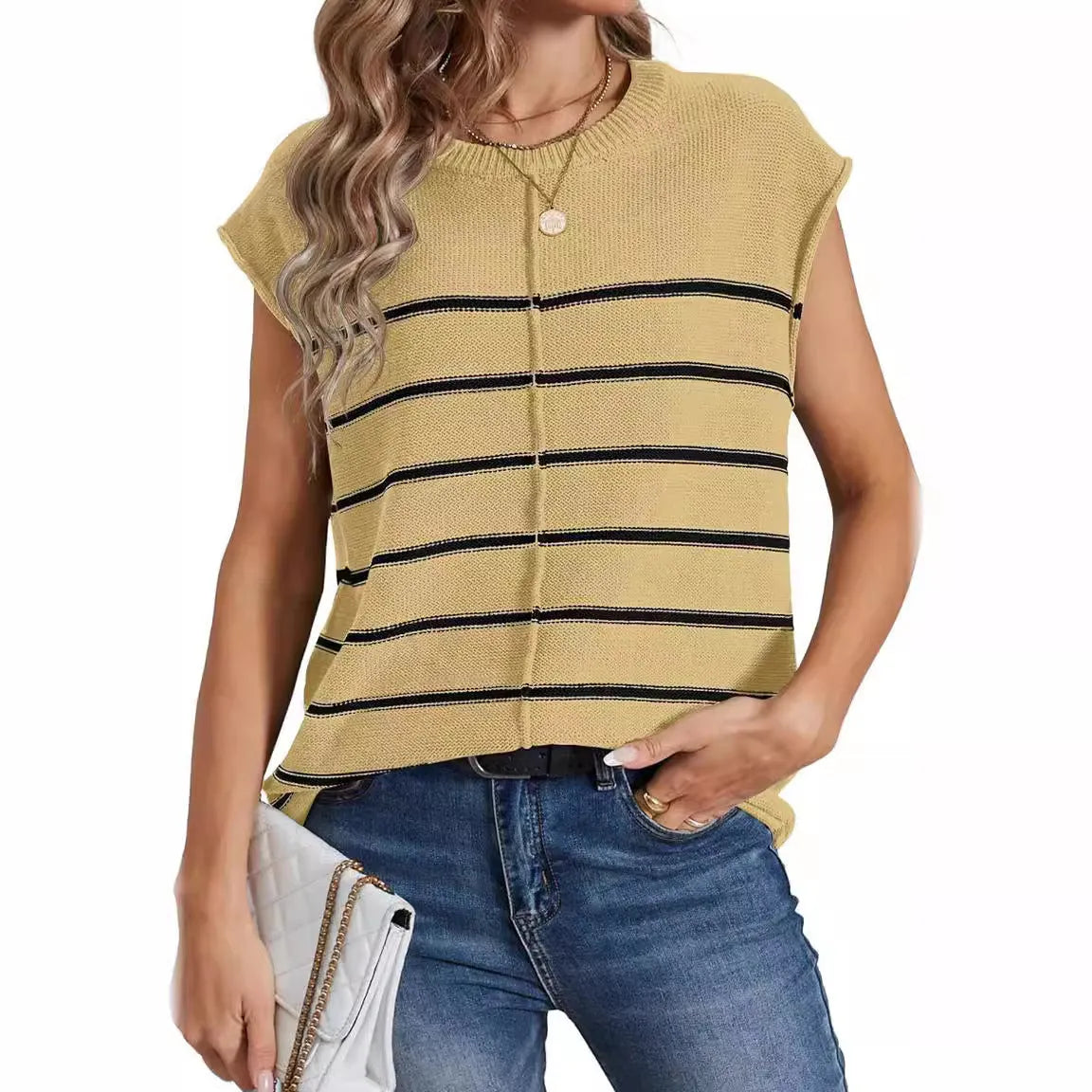 Women's striped vest sleeve pullover top in acrylic fabric with bone stitching detail