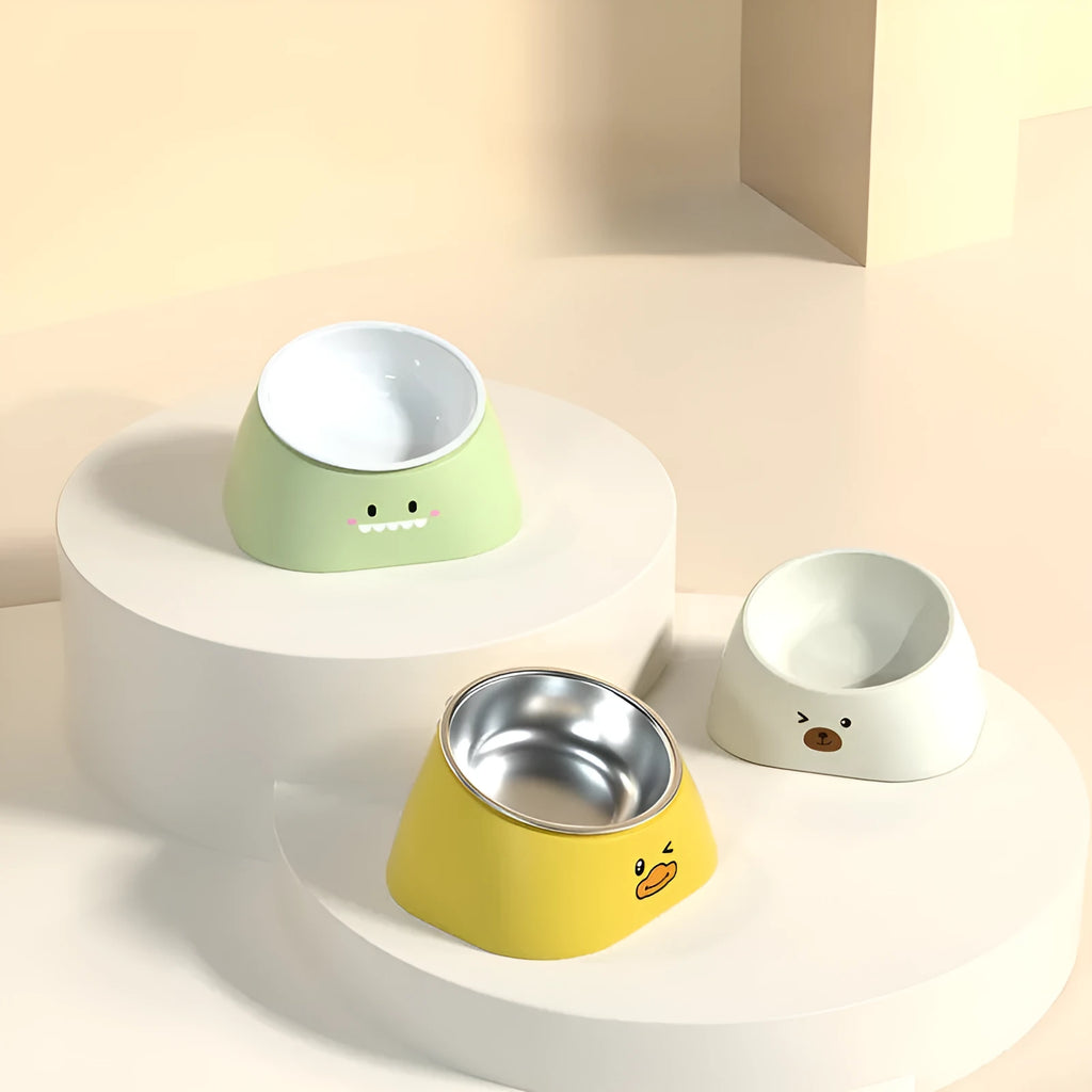 15-degree tilted stainless steel pet bowl for cats and dogs with PP base, available in green colour