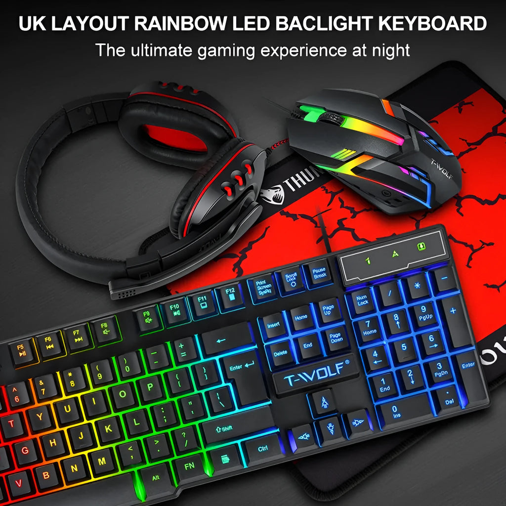 Wired gaming keyboard and mouse set with headset and mouse pad arranged on desk