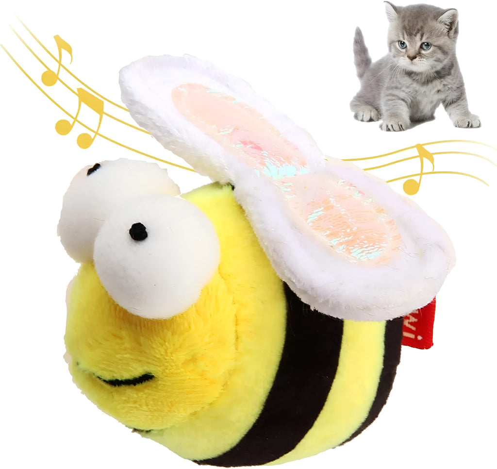 Yellow bee-shaped interactive cat toy with electronic motion-activated squeaking function