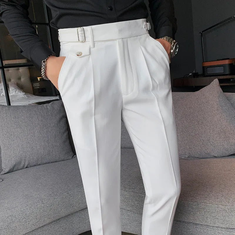 Men's straight leg casual trousers in solid colours on a size chart showing waist measurements 29 to 36.