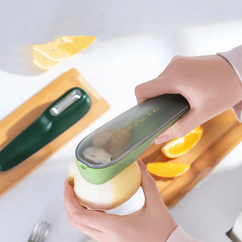 20cm kitchen vegetable peeler with storage tube, stainless steel blade, non-slip handle, and hanging hole