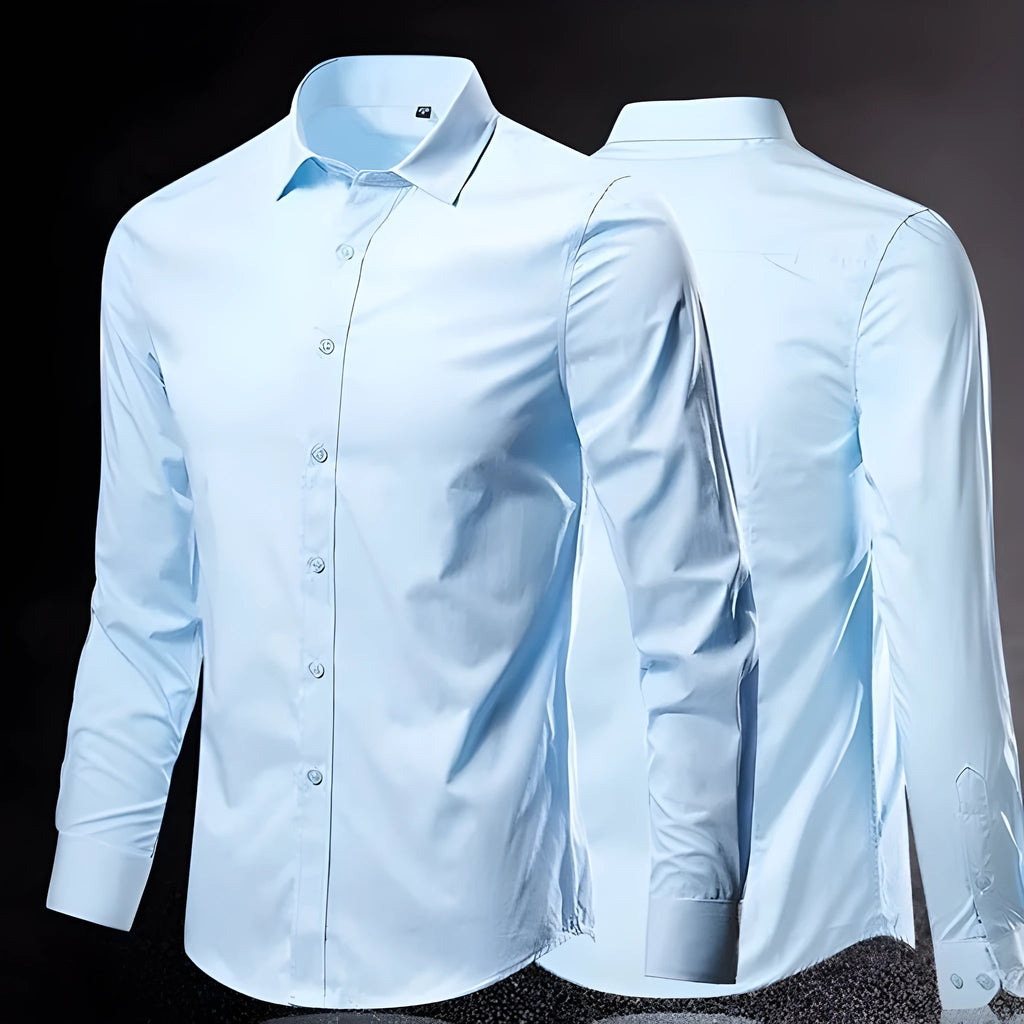 Men's loose-fit long-sleeve linen shirt in a slim style, shown in a neutral colour.
