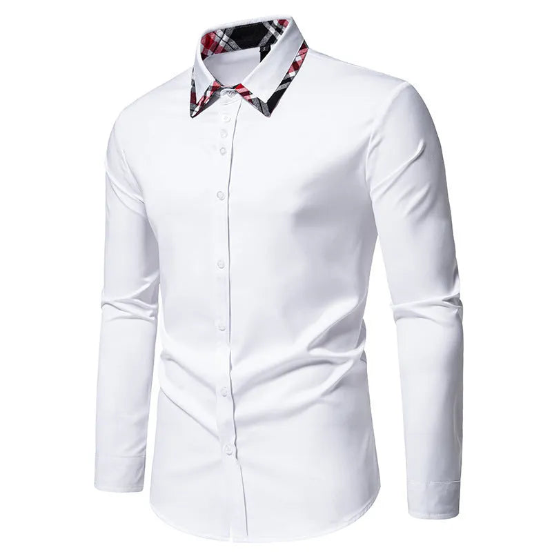 Men's blue plaid long sleeve shirt with a white contrast triangle collar, cardigan style