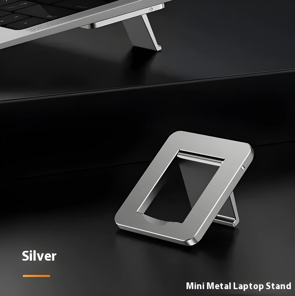 Foldable aluminium laptop bracket in silver colour with compact folded dimensions