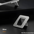 Foldable aluminium laptop bracket in silver colour with compact folded dimensions