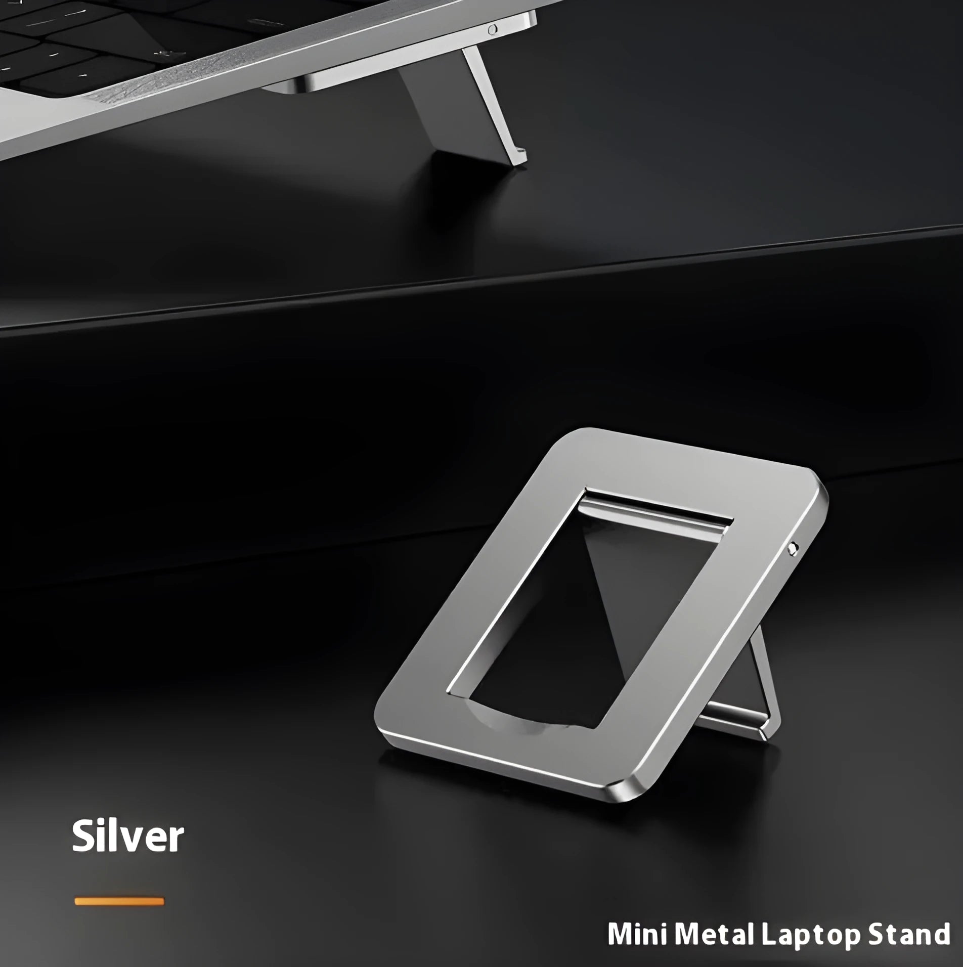 Foldable aluminium laptop bracket in silver colour with compact folded dimensions