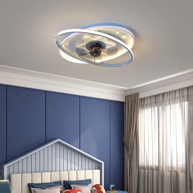 Modern iron chandelier for children's bedroom with remote control and acrylic shade in blue or pink colours