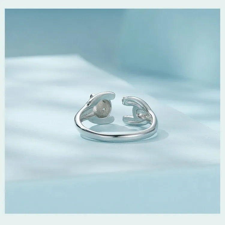 Adjustable panda sterling silver ring with white gold plating and open bracelet design