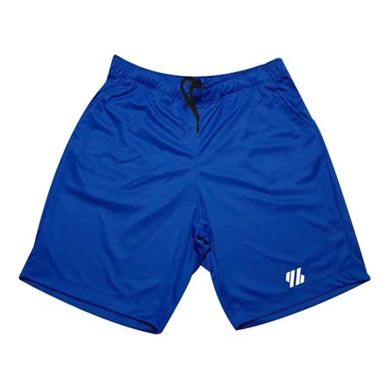 Loose-fit metal silk sports shorts for running in various colours on a size chart.