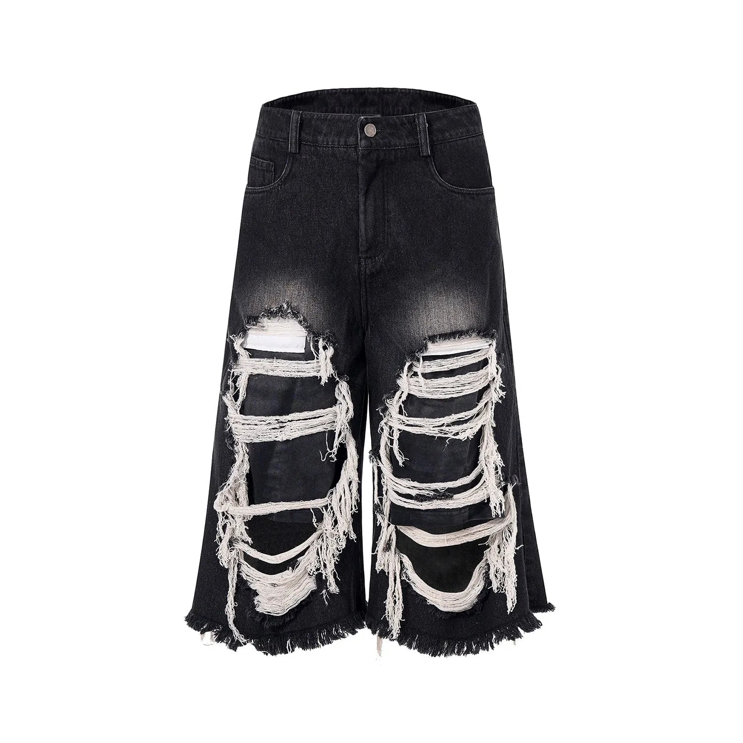 Black wide-leg cropped jeans with ripped patch detailing and mid-high waist