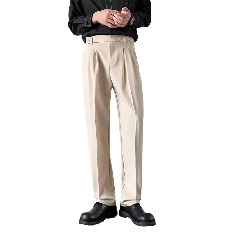 Men's straight loose fit suit trousers in apricot and black colours with mid-rise waist